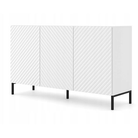 Commode de rangement Meuble universel blanc mat 150x87x42cm SURFA sur pieds avec 3 portes pieds noir