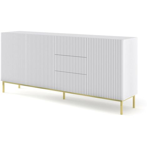 Commode de rangement Meuble universel Blanc Mat 200x42x89 RAVI B FILET 2D3S Pied Cadré or