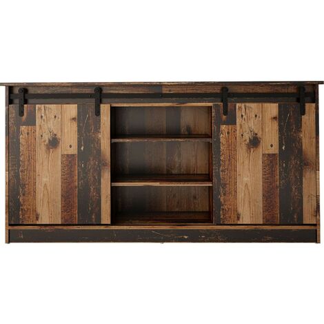 Commode de rangement Meuble universel couleur vieux bois 160x81x35cm GRANGE porte coulissante