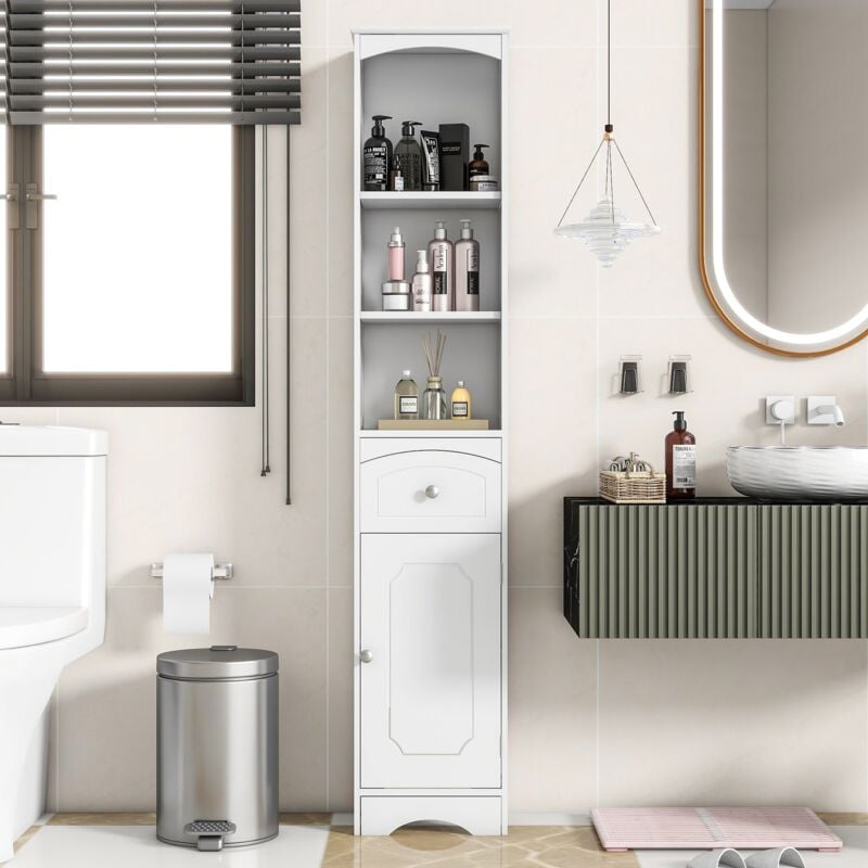 yozhiqu - commode de salle de bain avec tiroir, étagères réglables, 3 compartiments ouverts, blanc