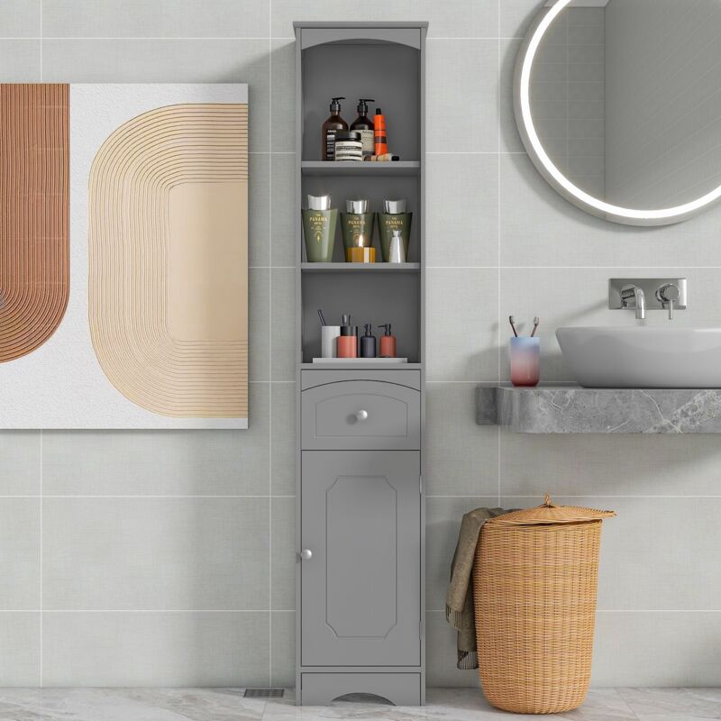 yozhiqu - commode de salle de bain avec tiroir, étagères réglables, 3 compartiments ouverts, gris