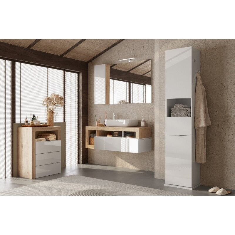 meublorama - commode de salle de bains large 64cm, 3 tiroirs, collection bura. coloris blanc brillant laqué et chêne clair - blanc