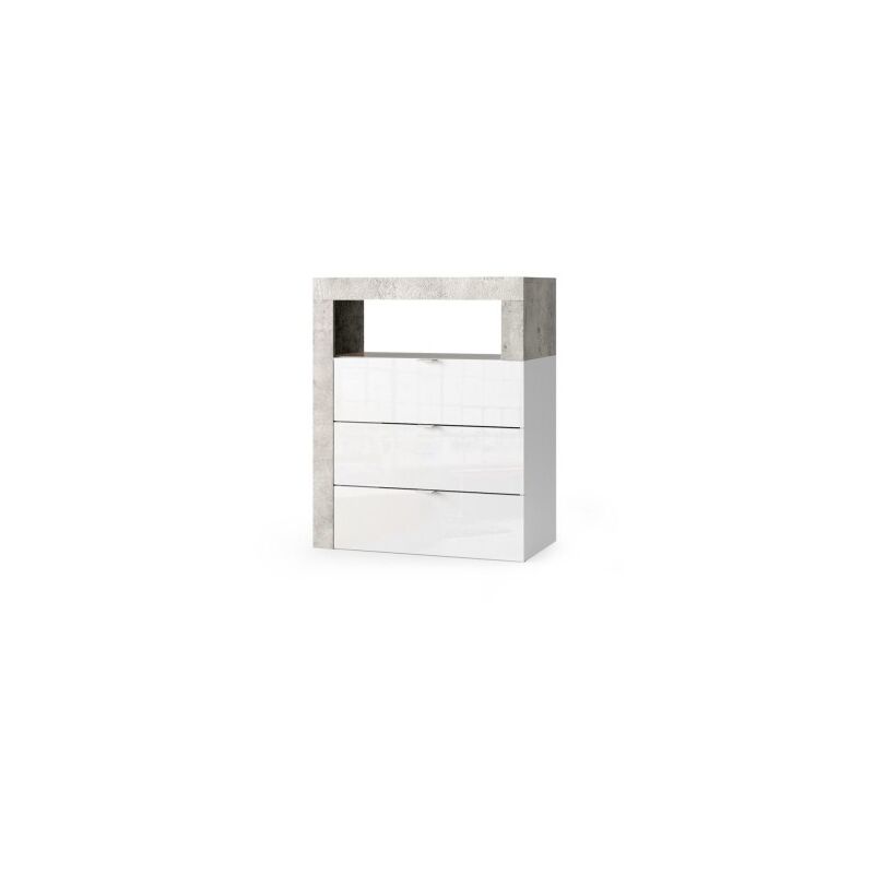 meublorama - commode de salle de bains large 64cm, 3 tiroirs, collection bura. coloris blanc brillant laqué et gris aspect béton - blanc