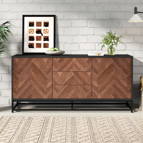 Commode de salon moderne 145 x 40 x 67 cm, 3 tiroirs, 2 portes, largeur 145 cm, structure en métal, séparateurs réglables, coloris bois et noir.