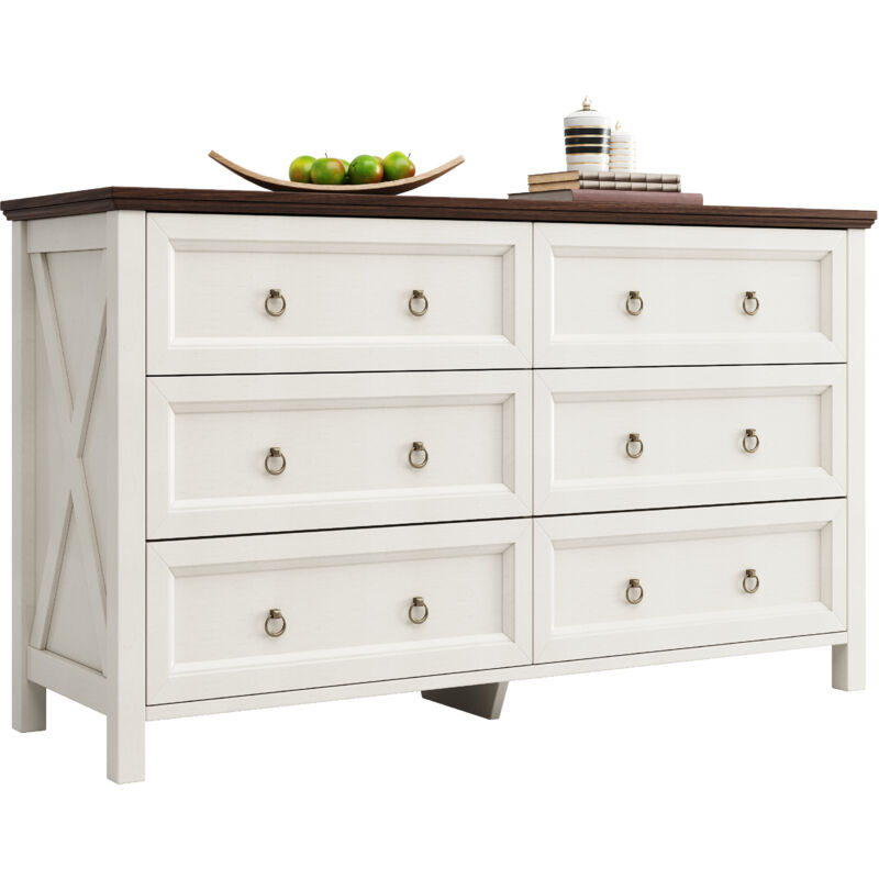 Commode de style vintage 134x40x79.5cm, pour chambre et salon, avec 6 tiroirs et poignées, beige