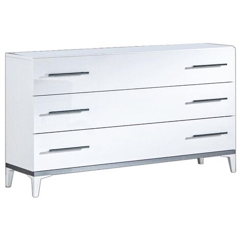 Commode design 3 grands tiroirs bois blanc laqué et et métal argenté Diamanto 120cm