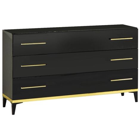 Commode design 3 grands tiroirs bois noir laqué et métal doré Diamanto 120cm