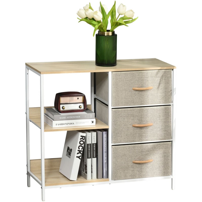 Meuble de rangement commode design - 3 tiroirs, 2 étagères - métal mdf non tissé beige