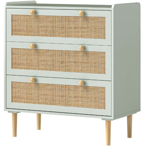 Commode design bohème en rotin avec 3 tiroirs, meuble de rangement pour le salon, le couloir, l'entrée, vert olive
