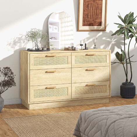 Commode design bohème en rotin avec 6 tiroirs. meuble de rangement pour le salon. le couloir. l'entrée. chêne
