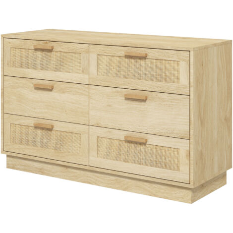 Commode design bohème en rotin avec 6 tiroirs, meuble de rangement pour le salon, le couloir, l'entrée, chêne