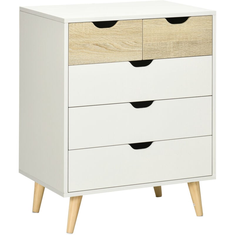 Commode design scandinave 5 tiroirs coulissants piètement bois effilé incliné panneaux blanc aspect bois clair