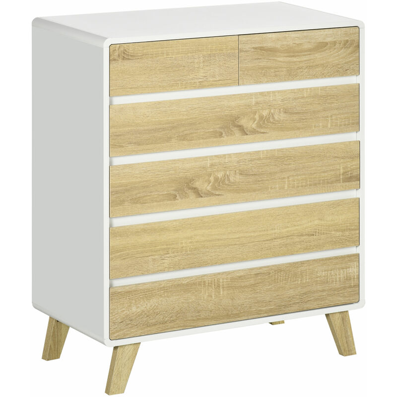 Commode design scandinave - 6 tiroirs - mdf panneaux blanc aspect chêne clair
