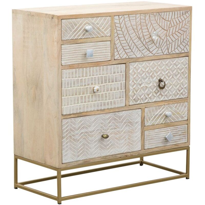 Made In Meubles – Commode en bois de manguier vernis – 9 tiroirs – Dimensions 80x75x35 cm – Style bohème avec motifs décoratifs