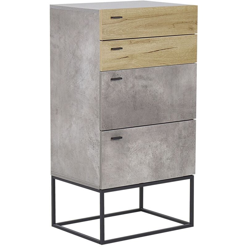 Commode Chiffonnier Industriel avec 4 Tiroirs de Tailles Différentes Effet Béton et Bois Clair Pieds en Métal Noir pour Chambre Moderne Beliani