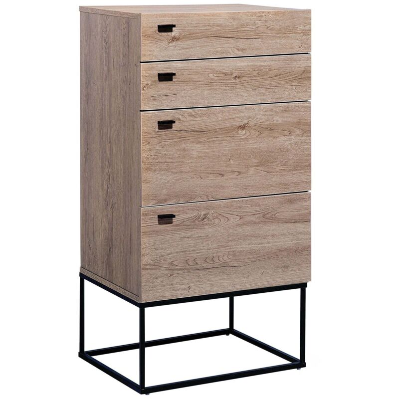Commode Chiffonnier au Style Industriel avec 4 Tiroirs de Tailles Différentes Effet Bois Clair Pieds en Métal Noir pour Chambre Moderne Beliani