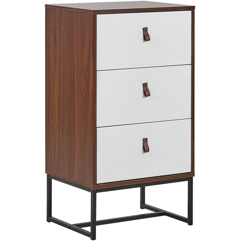 Beliani - Commode Chiffonnier Effet Bois Foncé avec 3 Tiroirs Blancs Pratiques Meuble Fonctionnel et Élégant pour Intérieur Moderne et Traditionnel