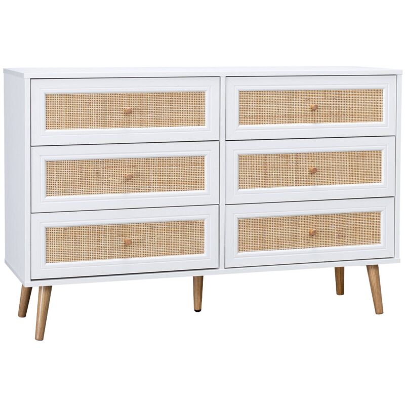 Commode effet bois et cannage 6 tiroirs boh&egrave;me. Blanc - 120x39x79cm 