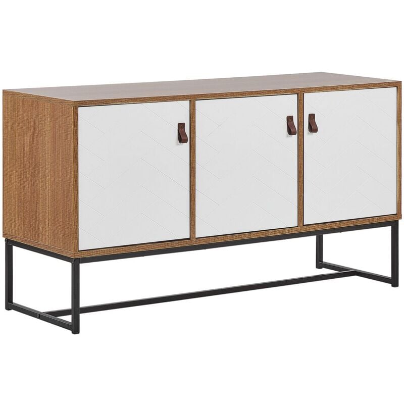 Beliani - Commode Buffet Effet Bois Clair avec 3 Compartiments à Portes Blanches Meuble de Rangement Élégant pour Intérieur Moderne et Traditionnel