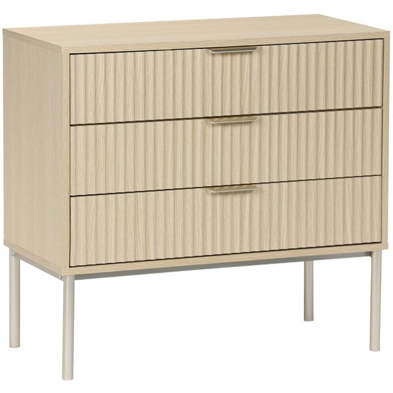 Commode effet bois rainuré et métal couleur champagne. 3 tiroirs