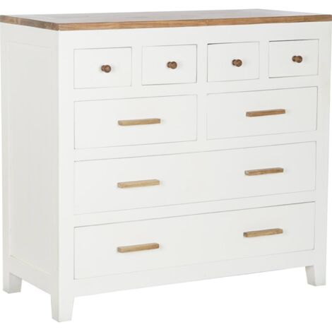 Commode élégante bicolore en bois d'acacia pour salon - Blanc cassé avec touches bois naturel