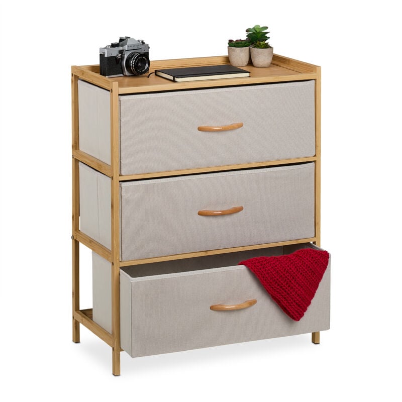 Commode à 3 tiroirs, hlp : 73 x 57,5 x 30 cm, meuble de rangement, bambou et tissu, nature/beige - Relaxdays