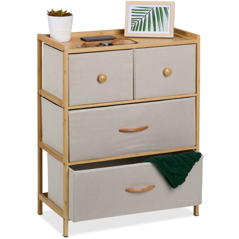 Commode à 4 tiroirs, hlp : 73 x 57,5 x 30 cm, meuble de rangement, bambou et tissu, beige/nature - Relaxdays