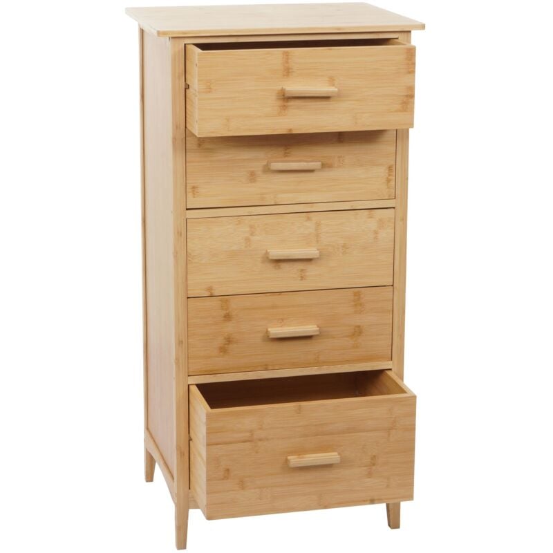 Commode en bambou HHG 869, Armoire de salle de bains Armoire de salle de bains Étagère d'appoint, 5 tiroirs, 100x50x40cm