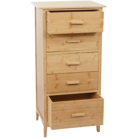 Commode en bambou HWC-M24, Armoire de salle de bains Armoire de salle de bains Étagère d'appoint, 5 tiroirs, 100x50x40cm