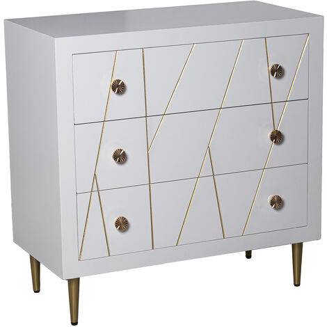 Commode en Bois 3 Tiroirs Blanc, Pieds Métal Doré 80X40X80 Cm