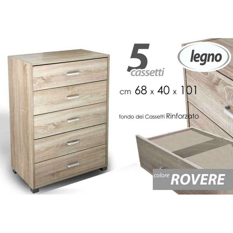 Commode 5 tiroirs en chêne cm 68 x 40 x 101 h