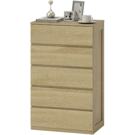 Commode en bois à 5 tiroirs avec glissières métalliques et poignées rainurées, 60 x 39 x 100 cm, couleur hêtre