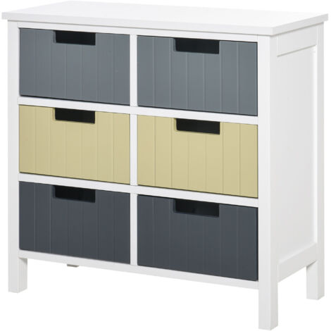 Commode en bois à 6 tiroirs, meuble de rangement d'appoint avec pieds surélevés, style moderne pour chambre, salon, salle de bain, 62 x 28 x 58 cm, multicolore