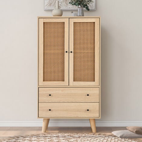Commode en bois avec 2 portes et 2 tiroirs - style campagnard - Naturel