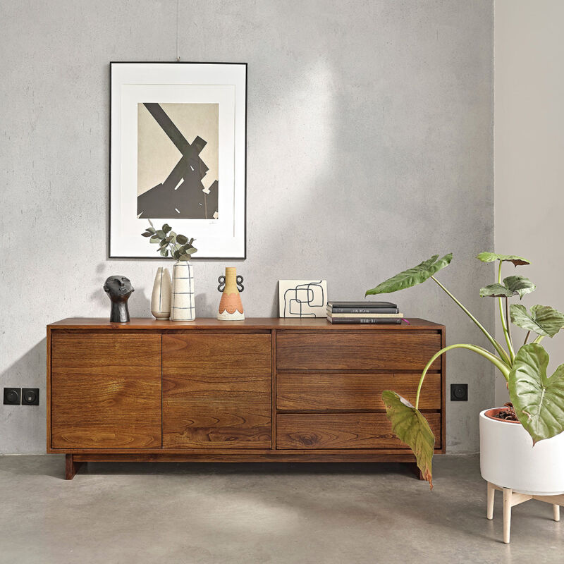 Bois Dessus Bois Dessous - Commode en bois finition noyer 3 tiroirs 2 portes - Marron