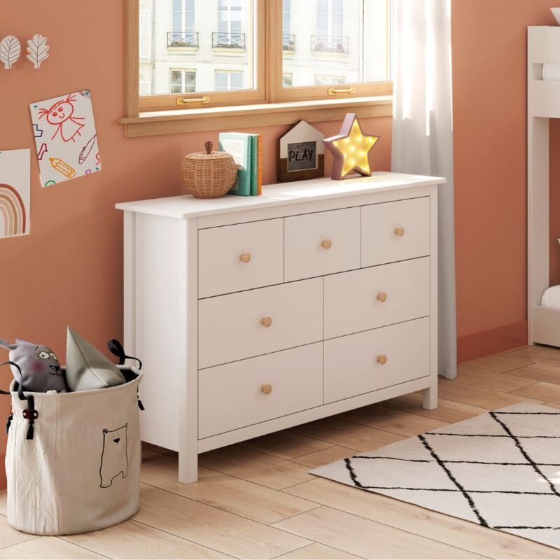 Toscohome - Commode en bois massif à 7 tiroirs blanc 110x40x80H cm - Max