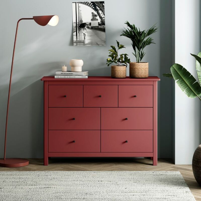 Toscohome - Commode en bois massif à 7 tiroirs couleur bordeaux 110x40x80H cm - Missy