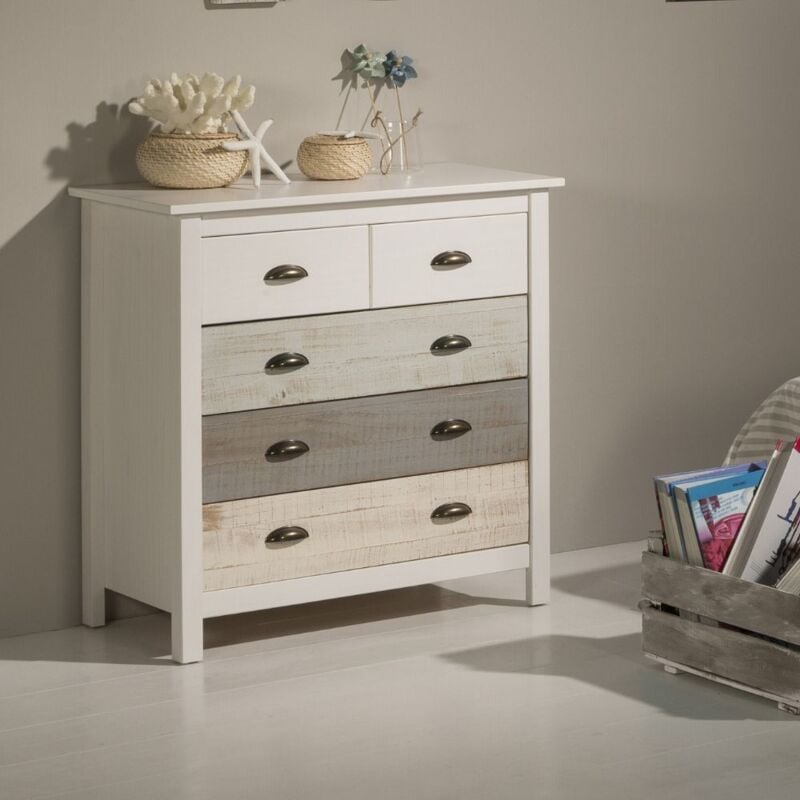 Commode en bois massif avec 5 tiroirs en blanc gris et crème 79x40x80H cm - Romantica