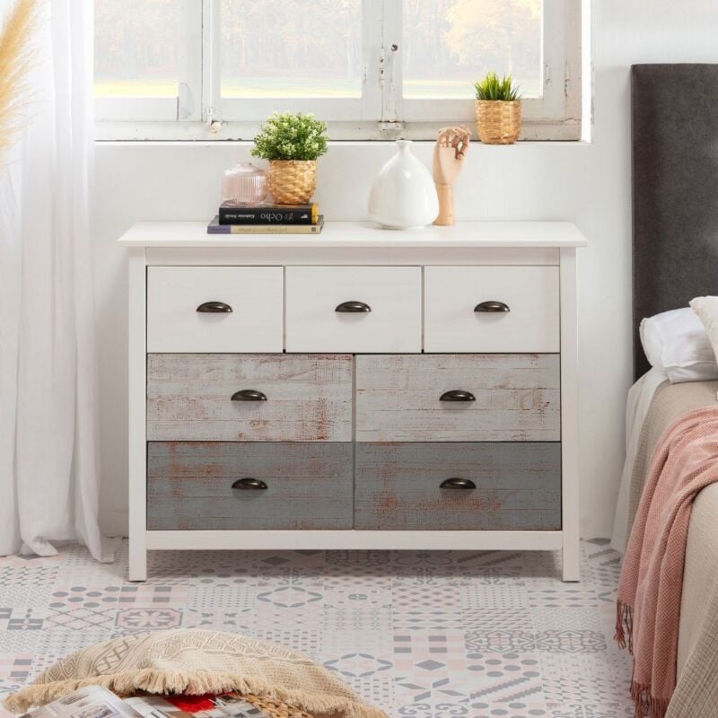Commode en bois massif avec 7 tiroirs en blanc et gris 110x40x80H cm - Romantica