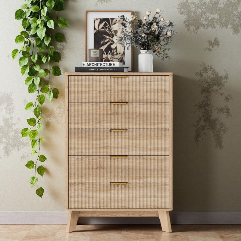 Commode en Bois Massif Naturel - Meuble de Rangement avce 5 Tiroirs de Rangement - Scandinave pour Chambre