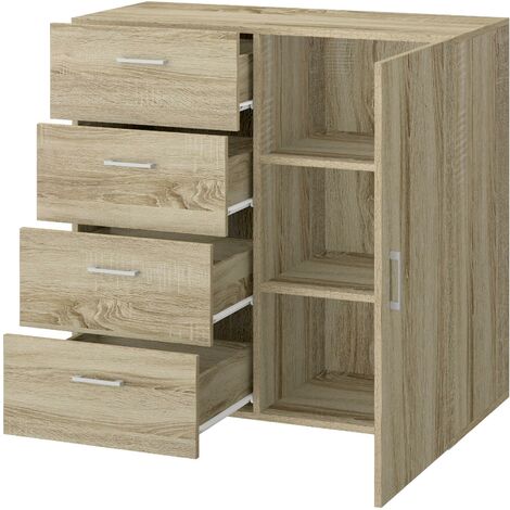 Commode en chêne 4 tiroirs – Dimensions 90x41x87 H cm – Pieds argentés – Assemblage en MDF 15 mm pour intérieur – King Home
