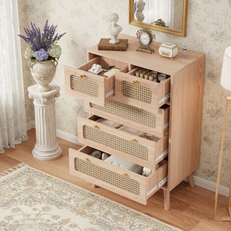 Commode en décor bois et cannage - 5 tiroirs poignées en métal, pieds hauts bois, conception anti, 60x91x34 cm, basculement - couleur bois naturel