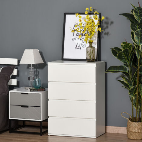 Commode en MDF blanc 55 x 33 x 80 cm, 4 tiroirs sans poignées, fermeture amortie, sangles anti-basculement