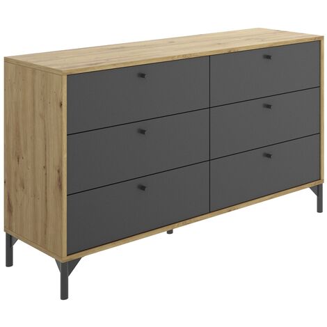Commode en panneaux de particules mélaminés coloris chêne/gris graphite - Longueur 120.2 x Profondeur 40 x Hauteur 82.4 cm -PEGANE-