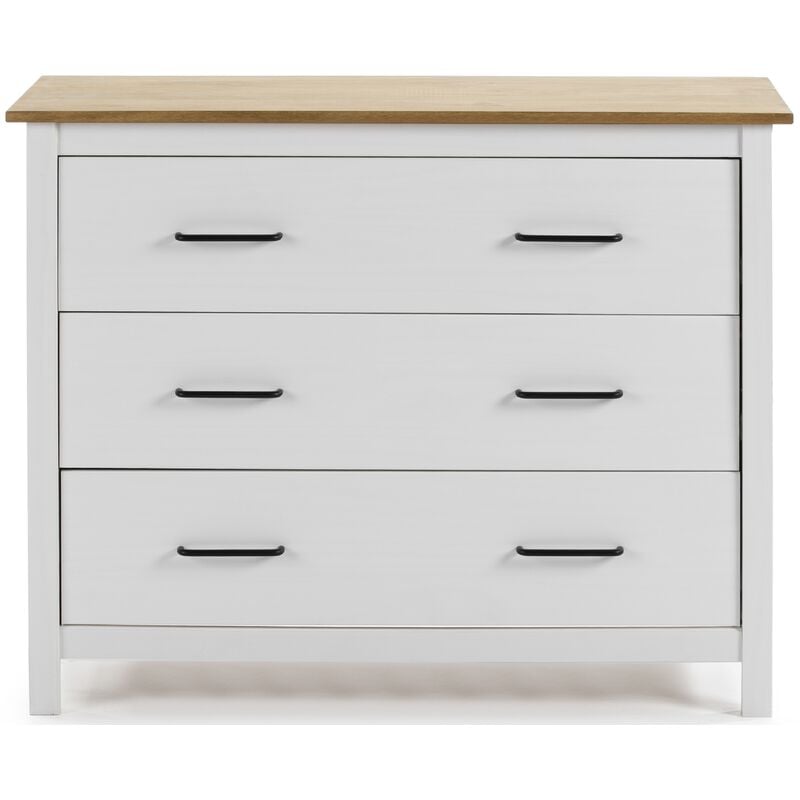 Commode en pin massif décor ciré blanc et chêne, meuble de rangement - Longueur 100 x Profondeur 40 x Hauteur 80 cm Pegane