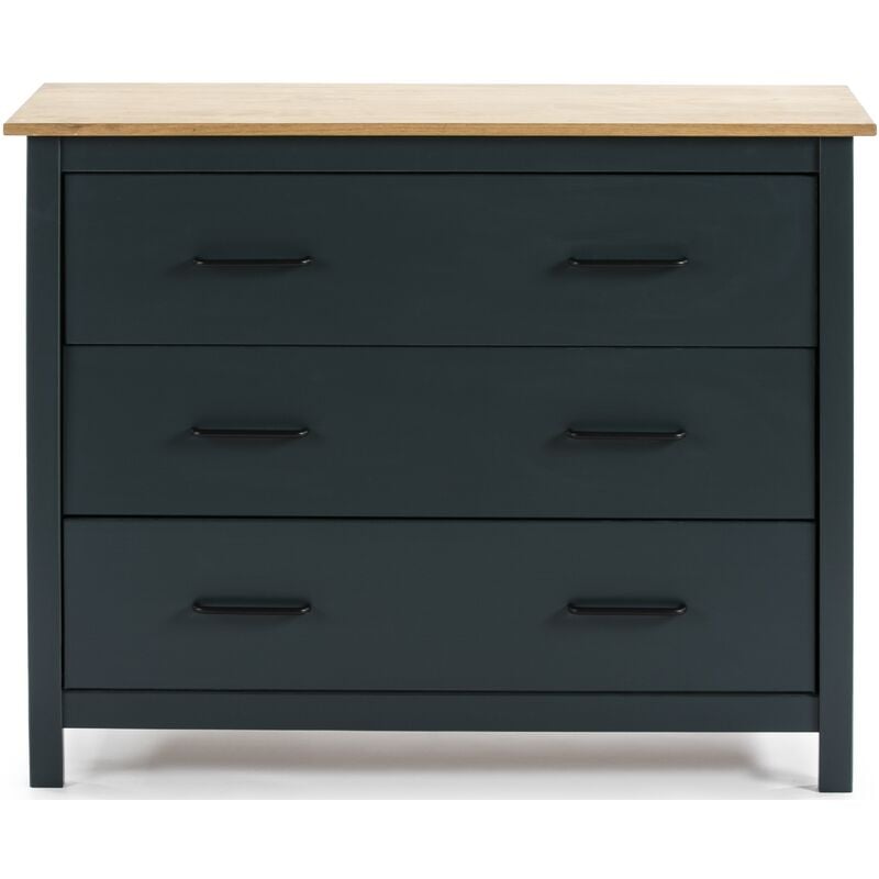 Commode en pin massif décor ciré bleu marine et chêne, meuble de rangement - Longueur 100 x Profondeur 40 x Hauteur 80 cm Pegane