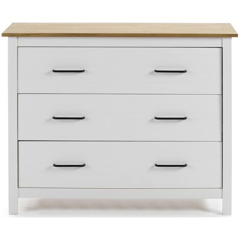Commode en pin massif décor ciré blanc et chêne, meuble de rangement - Longueur 100 x Profondeur 40 x Hauteur 80 cm -PEGANE-
