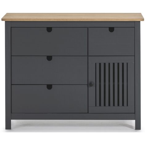 Commode en pin massif décor ciré gris anthracite et chêne, meuble de rangement - Longueur 100 x Profondeur 40 x Hauteur 80 cm -PEGANE-