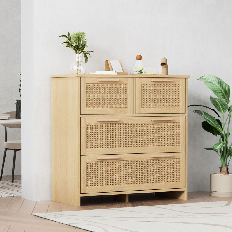 Hauss Spole – Commode en rotin 4 tiroirs – Dimensions 80x80x38cm – Matériaux MDF et bois massif – Design moderne et écologique
