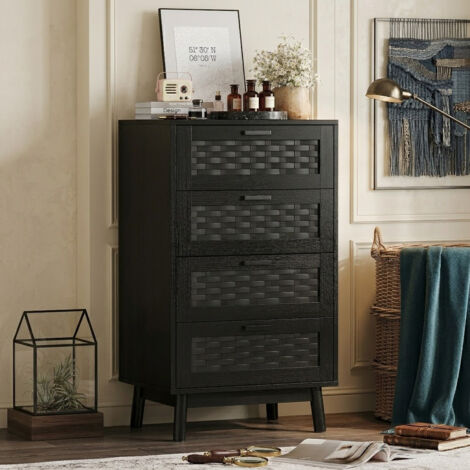 Commode en Rotin avec 4 tiroirs, Armoire de Rangement Moderne, Commode en Bois avec façade en Rotin en Bois Massif, pour Chambre à Coucher, Salon, Couloir, Bureau 55x40x95 cm, Noir